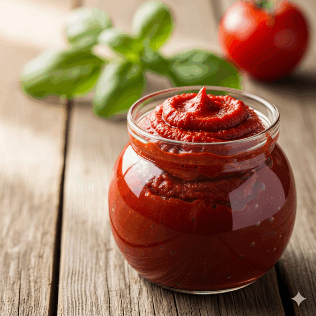 Homemade tomato paste spread on rustic bread with fresh basil and ripe tomatoes.