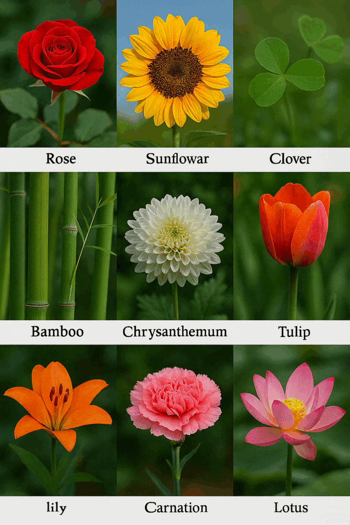 Top 10 Flowers and Plants – Rose, Sunflower, Clover, Bamboo, Chrysanthemum, Tulip, Lily, Carnation, Lavender, Lotus meanings
