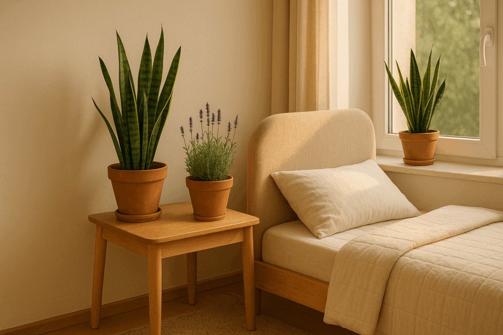 Cozy bedroom with snake plant and lavender in terracotta pots beside the bed, bathed in warm natural light.