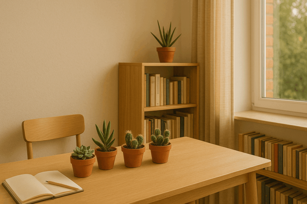 Cozy study room with a wooden desk, bookshelf, and small succulents and mini cacti in terracotta pots by the window.