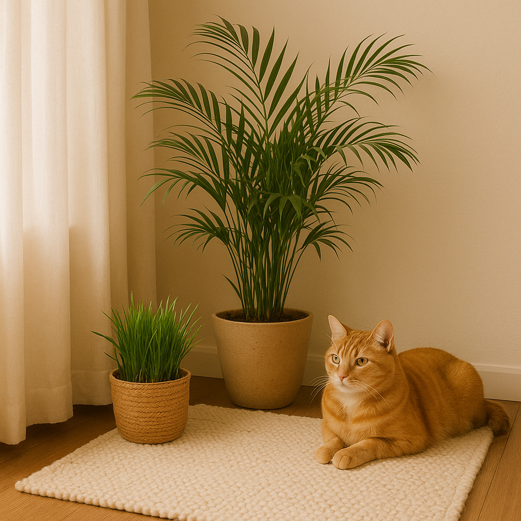 Cozy corner with an Areca palm, cat grass, and an orange cat relaxing on a rug in warm natural light.