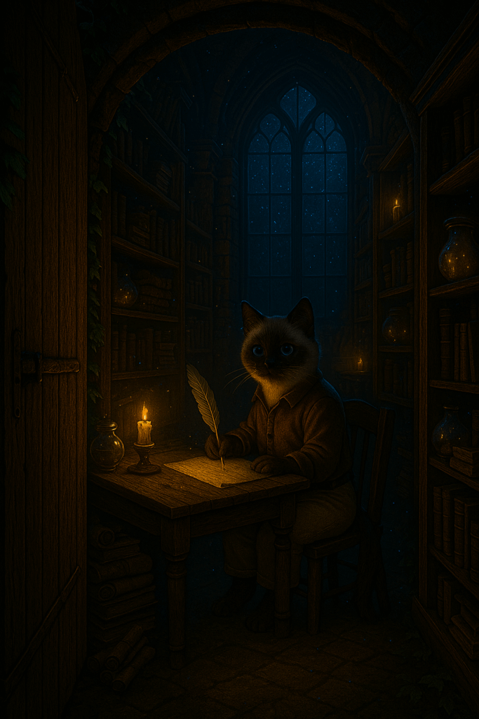 Inside was a library hidden from the world.
Shelves towered with dusty tomes, jars shimmered with faint light,
and in the center, a single candle flickered on a wooden desk.
Seated there, with a quill in paw, was BongBong the cat.
His sapphire eyes gleamed as he wrote:
“Tonight, a new story begins…”