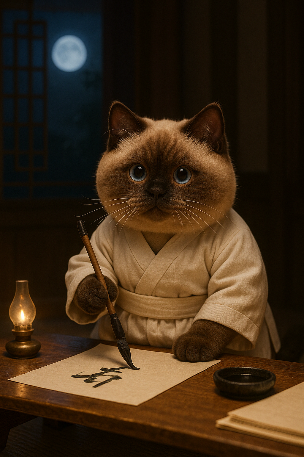 A chubby Siamese cat wearing a scholar’s robe, holding a brush and practicing calligraphy under warm candlelight.