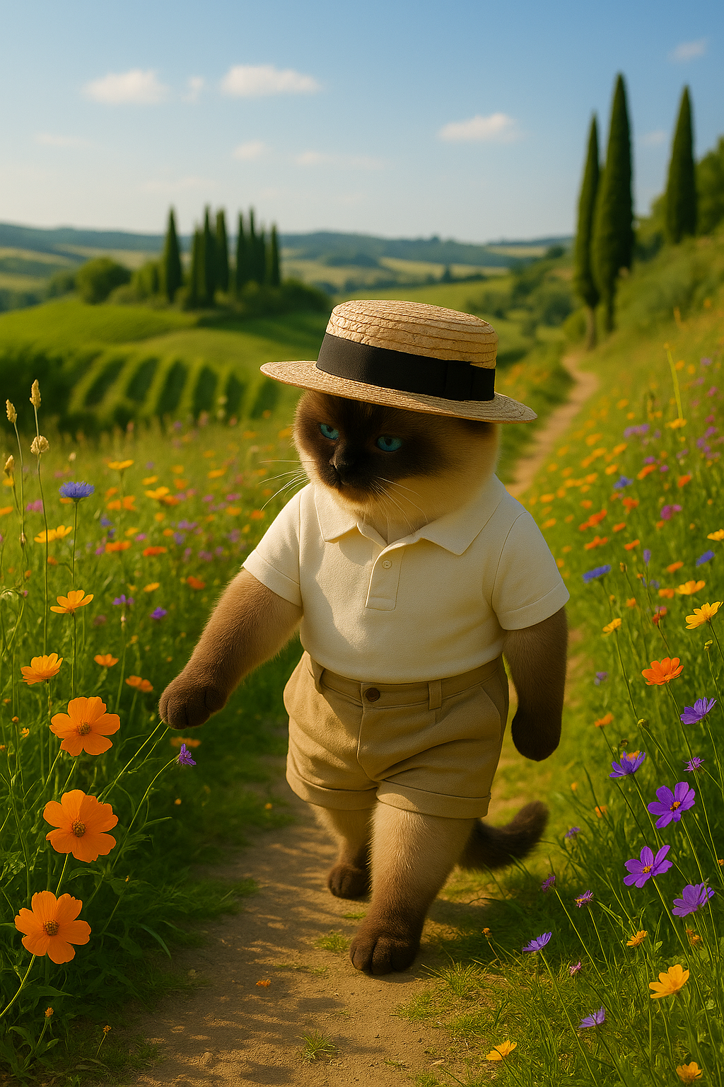 A Siamese cat enjoying a peaceful walk in a Tuscan flower field