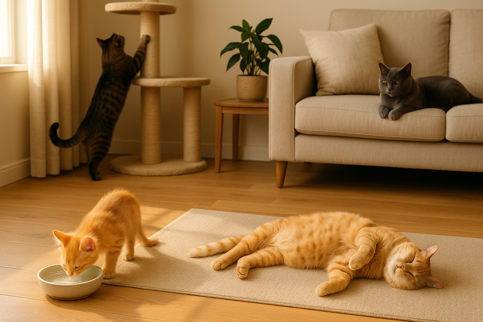 A cozy living room with multiple cats – a kitten drinking water, a cat scratching a tower, another cat lounging on the sofa, and one sleeping belly-up on the floor.