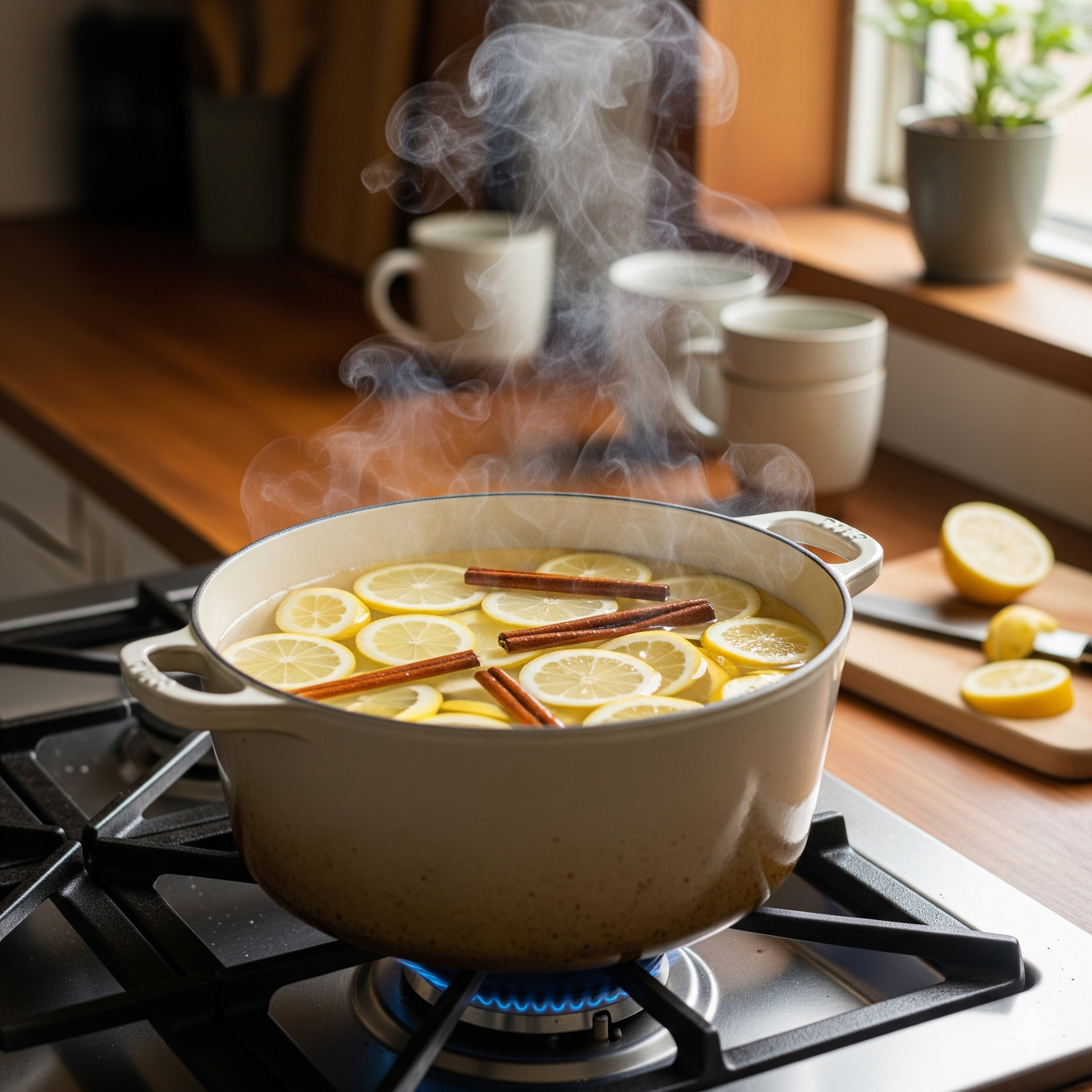 A steaming pot filled with sliced lemons and herbs on the stove, creating a natural home fragrance.
