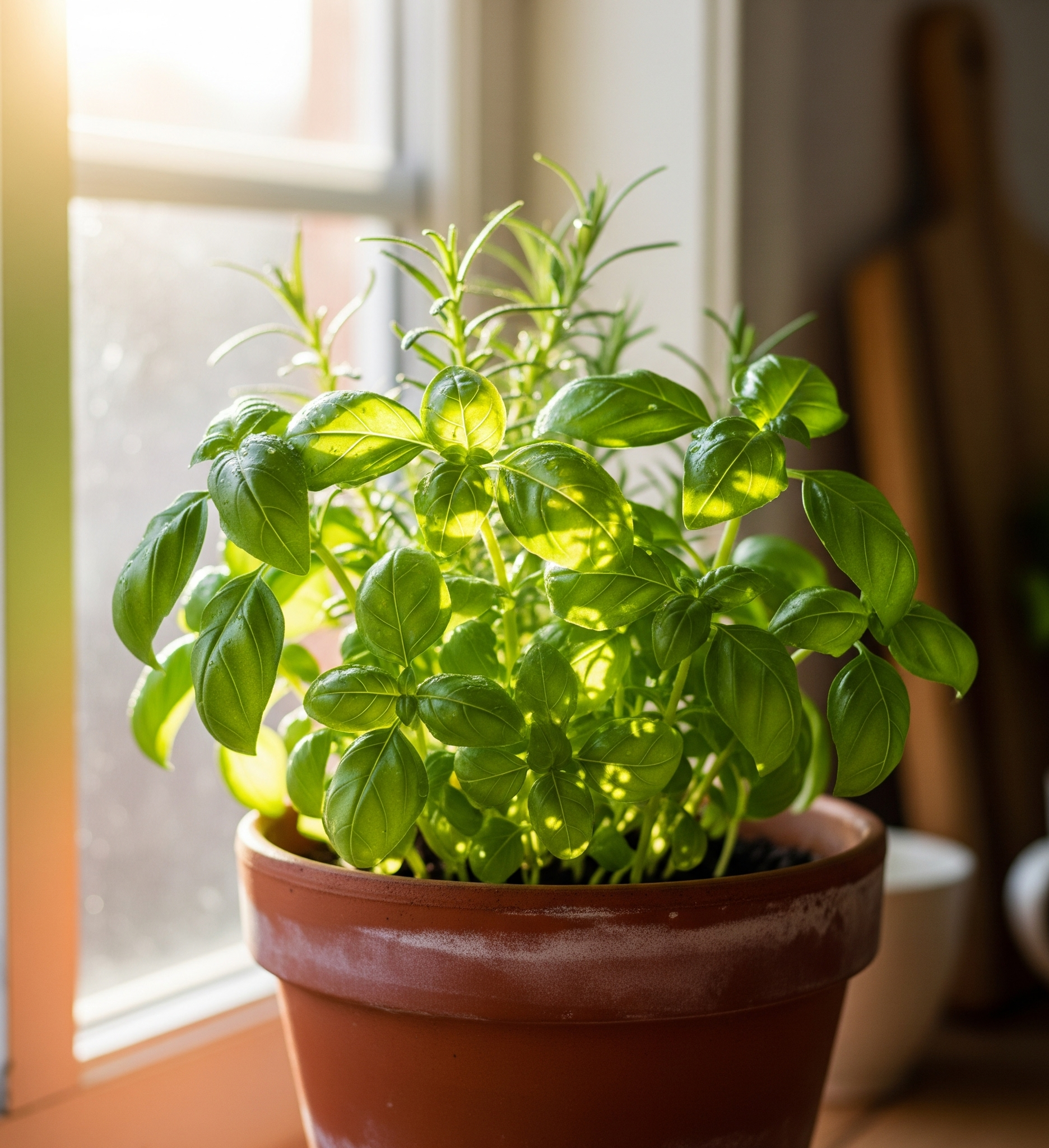 Fresh basil plant growing in a terracotta pot by a sunny kitchen window.
