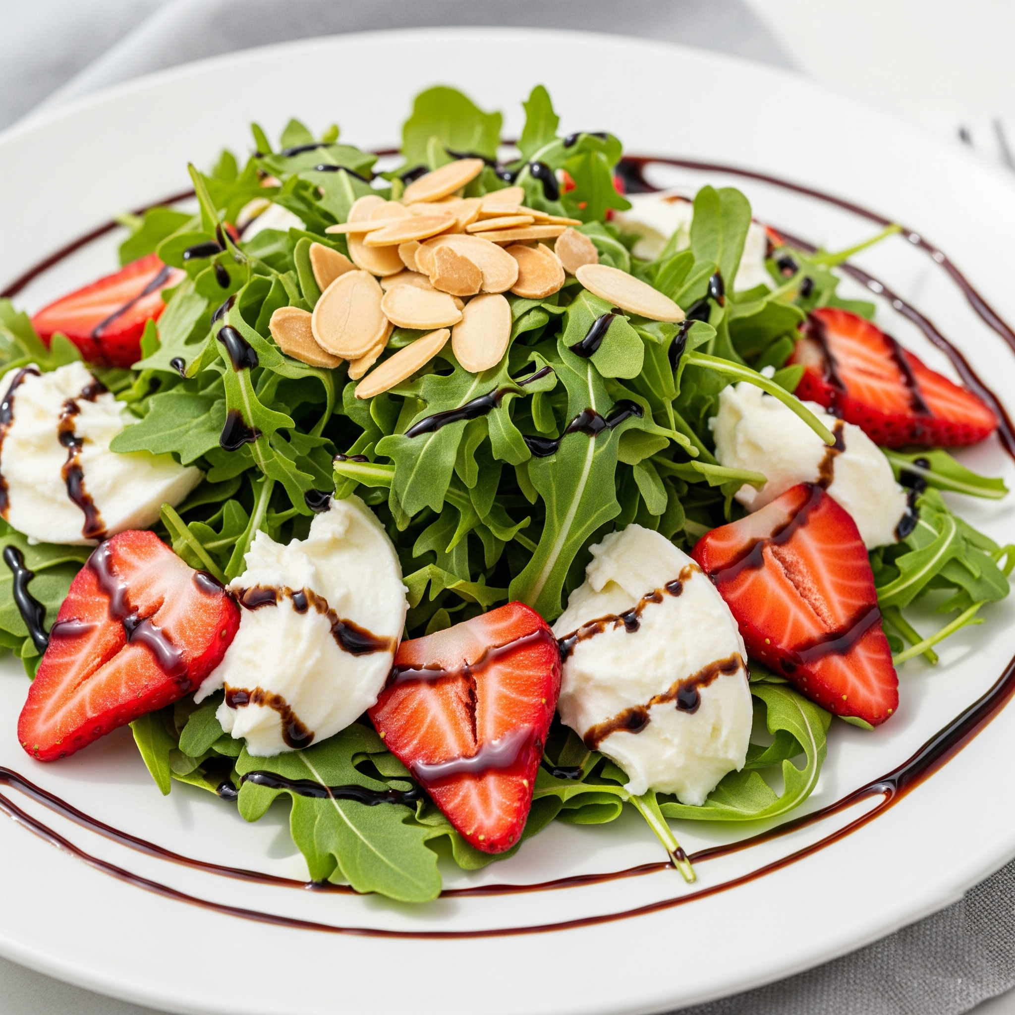 Fresh strawberry and arugula salad with mozzarella, almond slices, and balsamic dressing.
