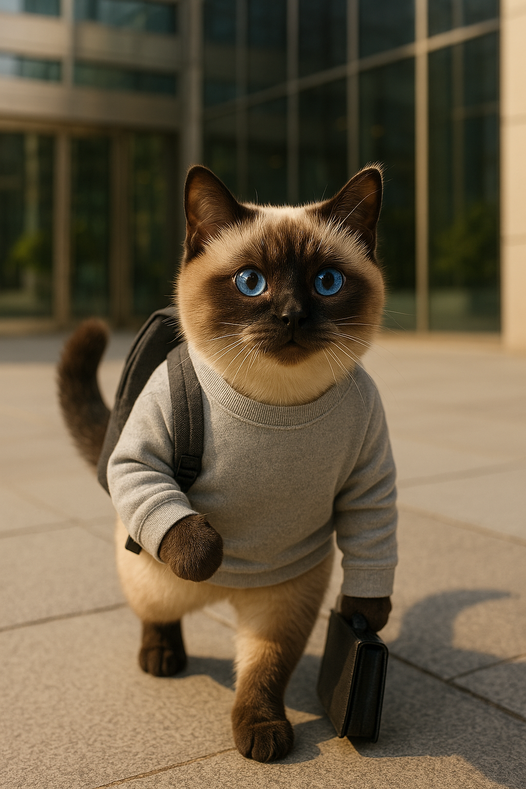 A cute Siamese cat wearing a gray sweater, standing like a new designer on the first day at work. Funny cat image for lifestyle and healing blog.
