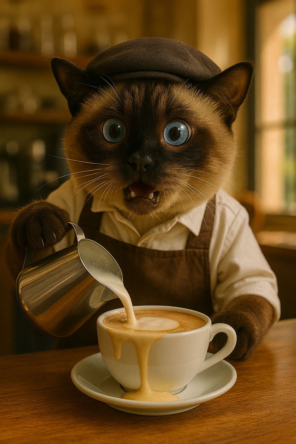 A rookie cat barista pouring milk foam into a latte, creating a funny and heartwarming coffee moment.