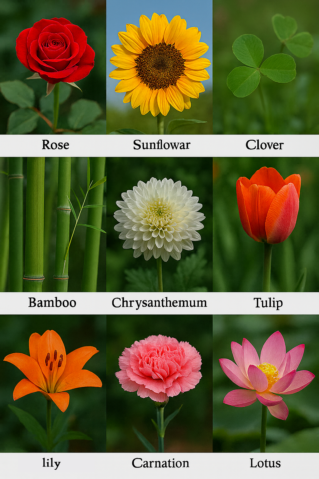 Top 10 Flowers and Plants – Rose, Sunflower, Clover, Bamboo, Chrysanthemum, Tulip, Lily, Carnation, Lavender, Lotus meanings