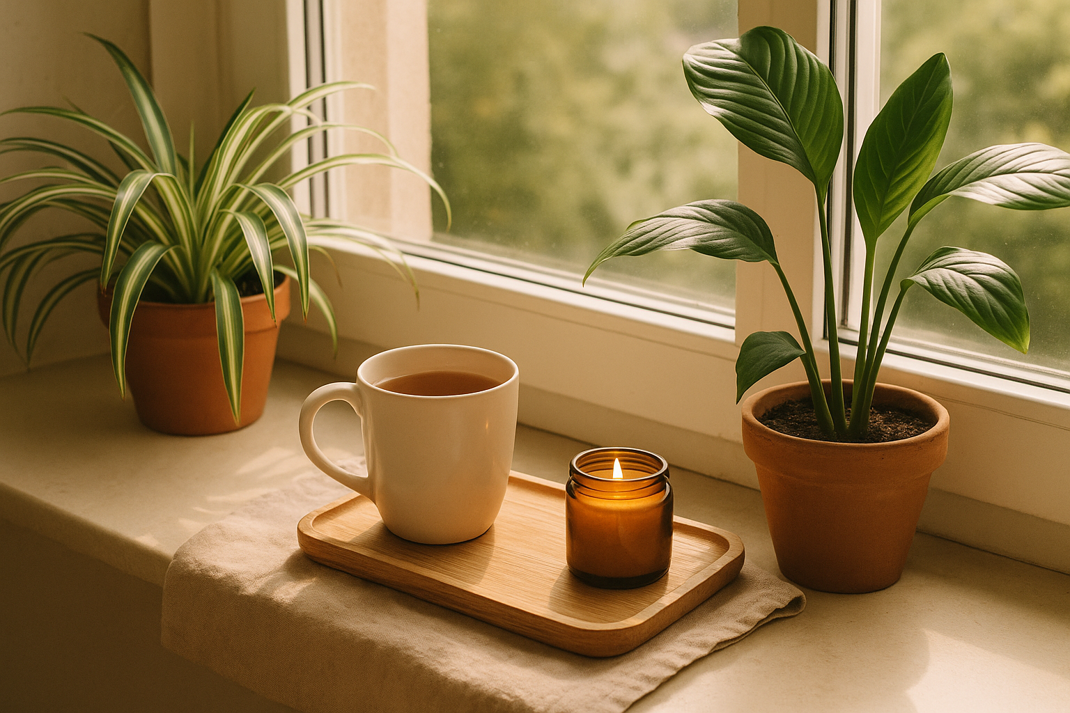 Cozy windowsill with spider plant, peace lily, a cup of tea, and a candle in warm sunlight.