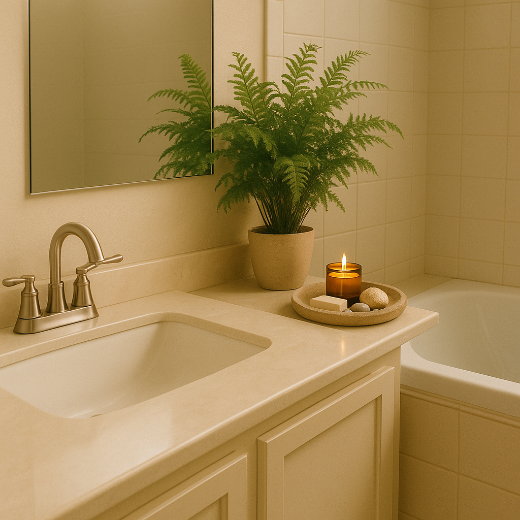 Bathroom spa corner with Boston fern, candle, and stone tray beside the sink and bathtub.