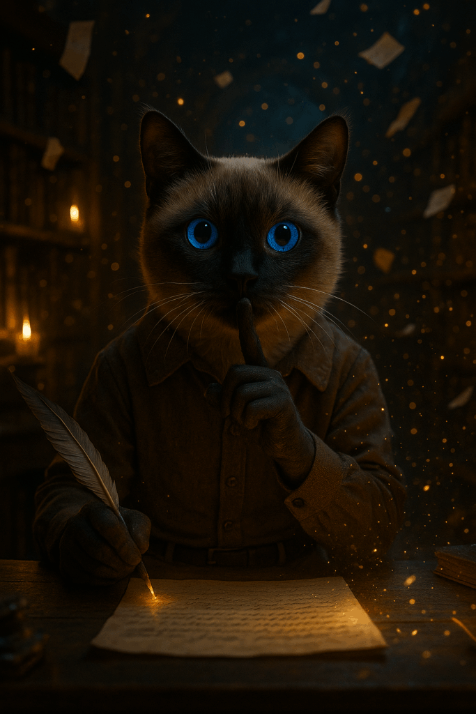 Turning the pages, BongBong froze.
Strange glowing symbols lit up the parchment.
At the bottom, a warning was etched: “Do not share this with the outside world.”
BongBong whispered softly, pressing a paw to his lips.
“Shhh… this will be my secret.”