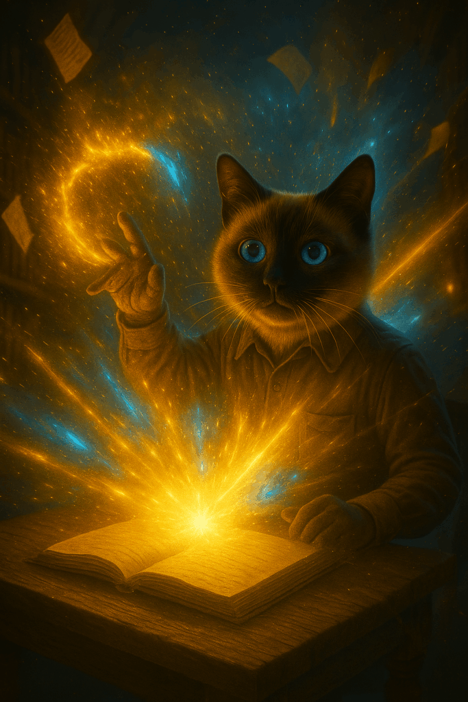 The tip of his quill brushed the page—
and in an instant, golden sparks erupted.
Scrolls flew into the air, shelves rattled, and the room filled with dazzling light.
“This isn’t just a record… it’s a gateway to another world!”