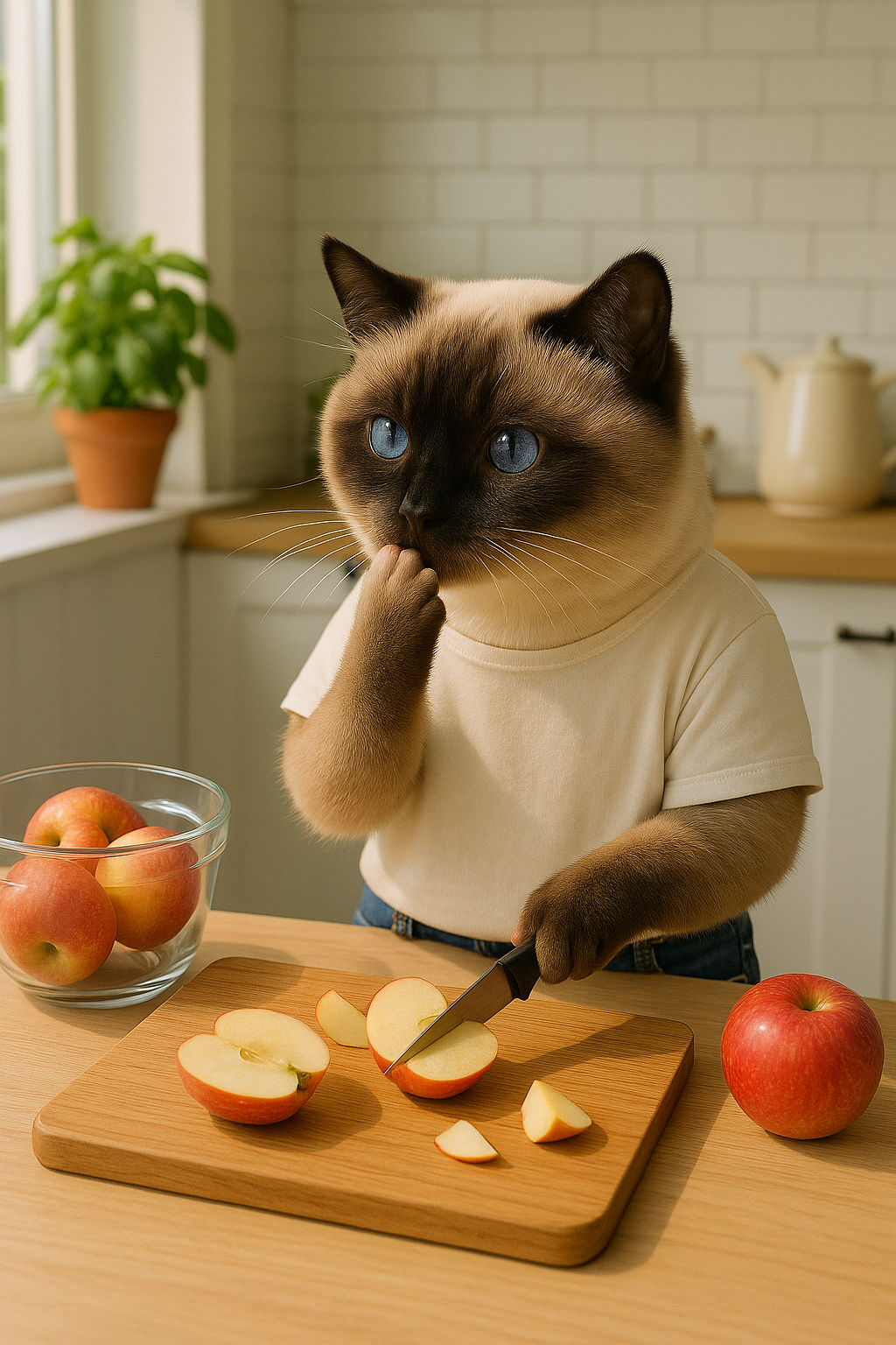Siamese cat BongBong sitting by fresh apples on a wooden table, preparing for autumn apple tea