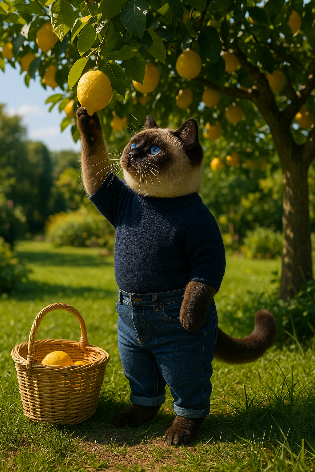 A chubby Siamese cat wearing casual clothes, standing in a sunny garden and picking fresh lemons from a tree, with a basket full of lemons by his side.