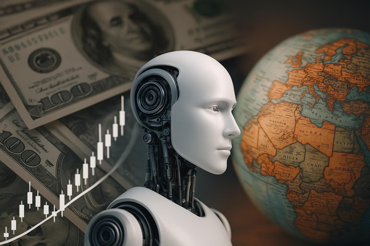 “A symbolic image of AI, global finance, and investment — featuring a humanoid robot, rising stock chart, and world globe representing international markets and balanced growth.”