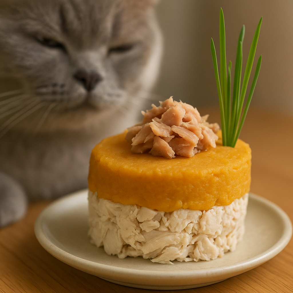 “A cute cat gazing at a homemade birthday cake made of chicken breast and pumpkin purée, topped with tuna flakes and a sprig of cat grass — safe, healthy, and made with love.”