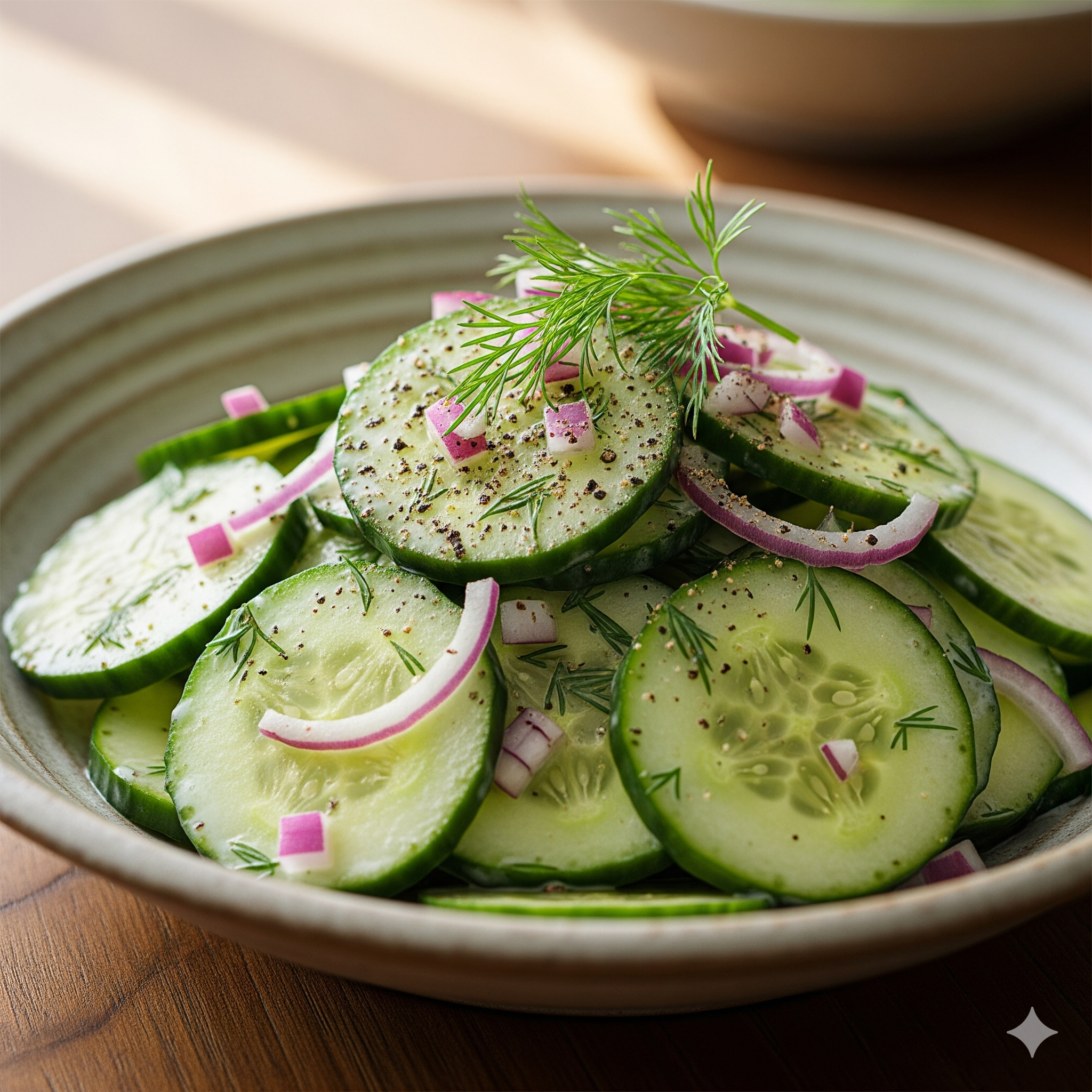 Fresh cucumber salad with soy garlic dressing, made with homegrown cucumbers, served in a bowl with herbs on top