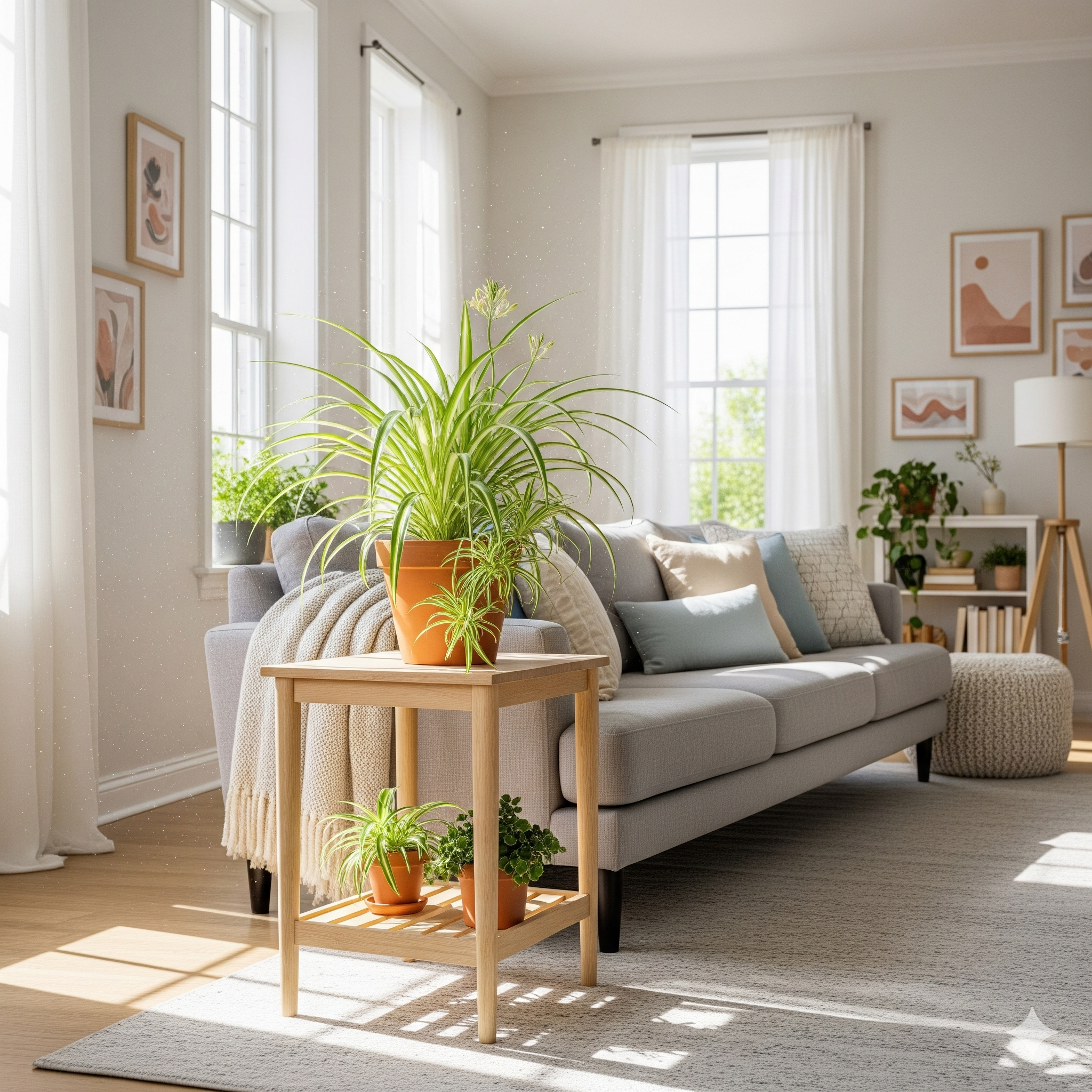 Cozy living room interior with pet-friendly plants such as basil, rosemary, and spider plant on a wooden table by the sofa