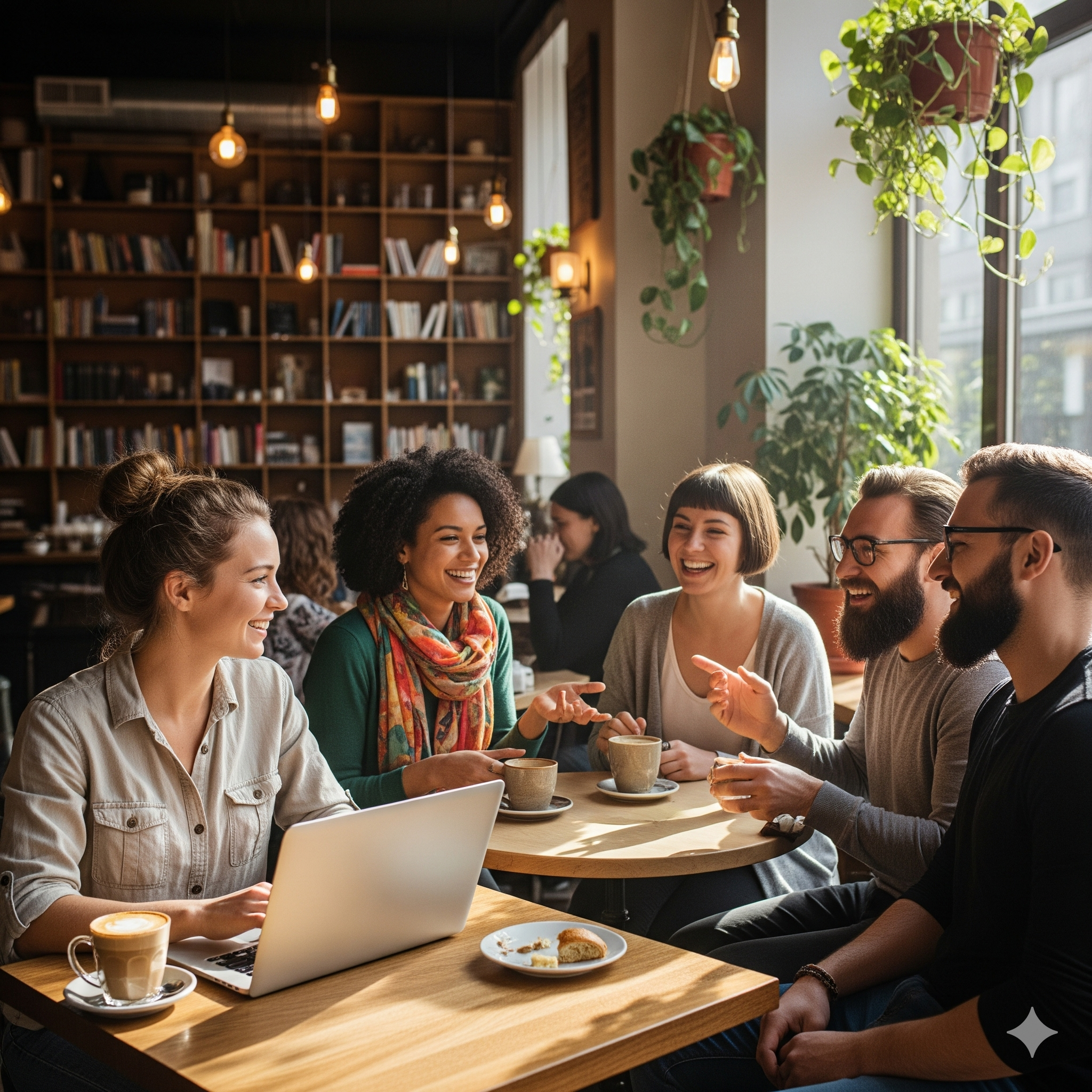 A group of digital nomads building a community, enjoying a break together while one works on her laptop.