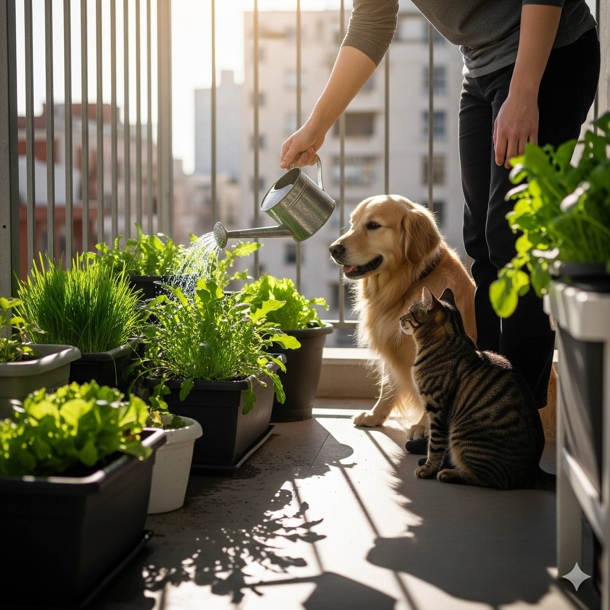 A cat sitting on a sunny balcony garden surrounded by potted plants, enjoying the fresh air and greenery.