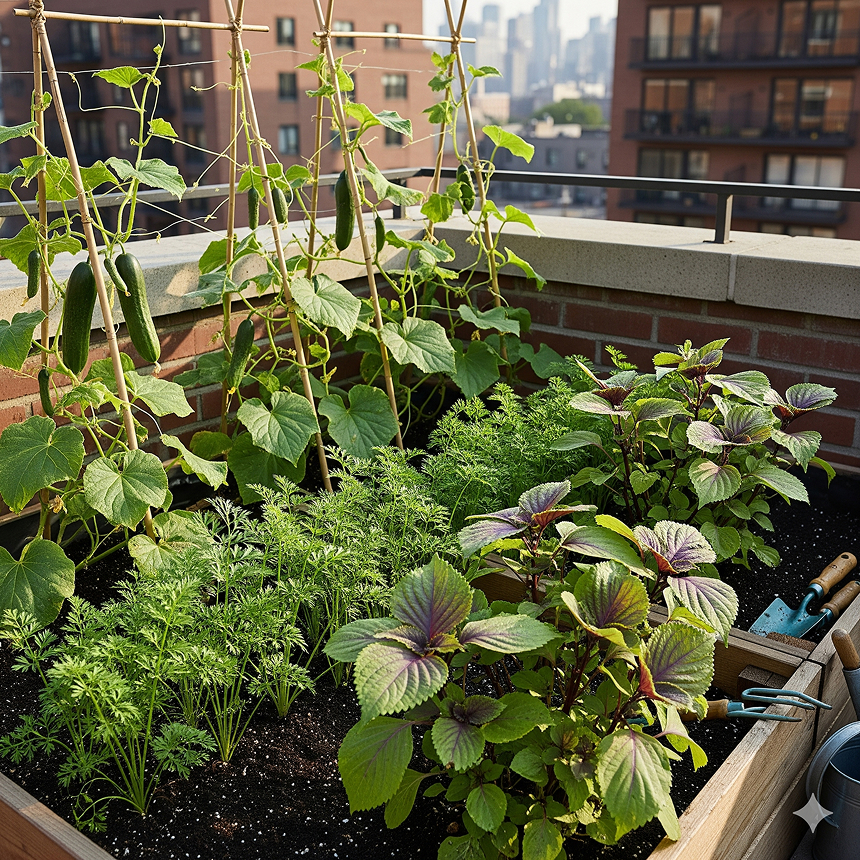 Home garden with fresh cucumbers, perilla leaves, and vegetables used for making healthy vegetable gimbap