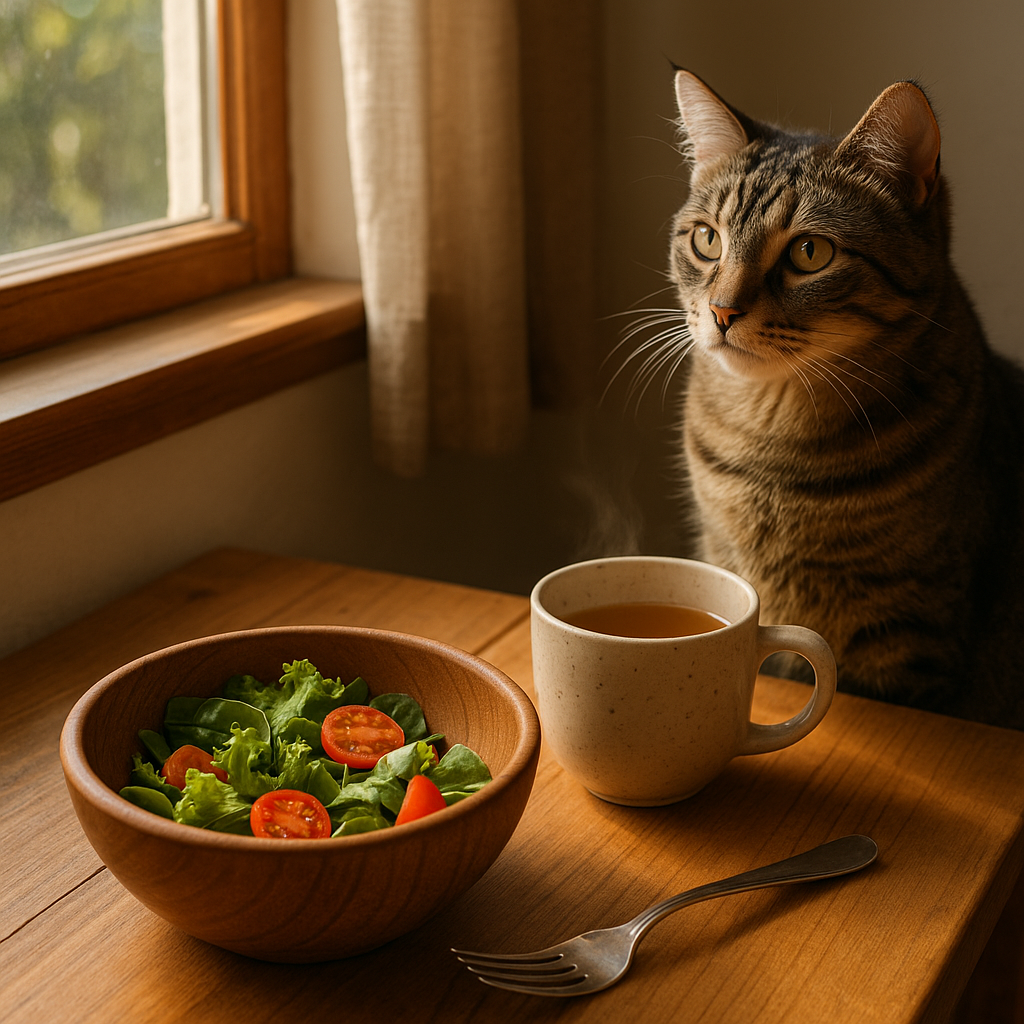A cat sitting by the window with warm sunlight, looking at a bowl of fresh salad and tea on a wooden table — cozy mindful living scene