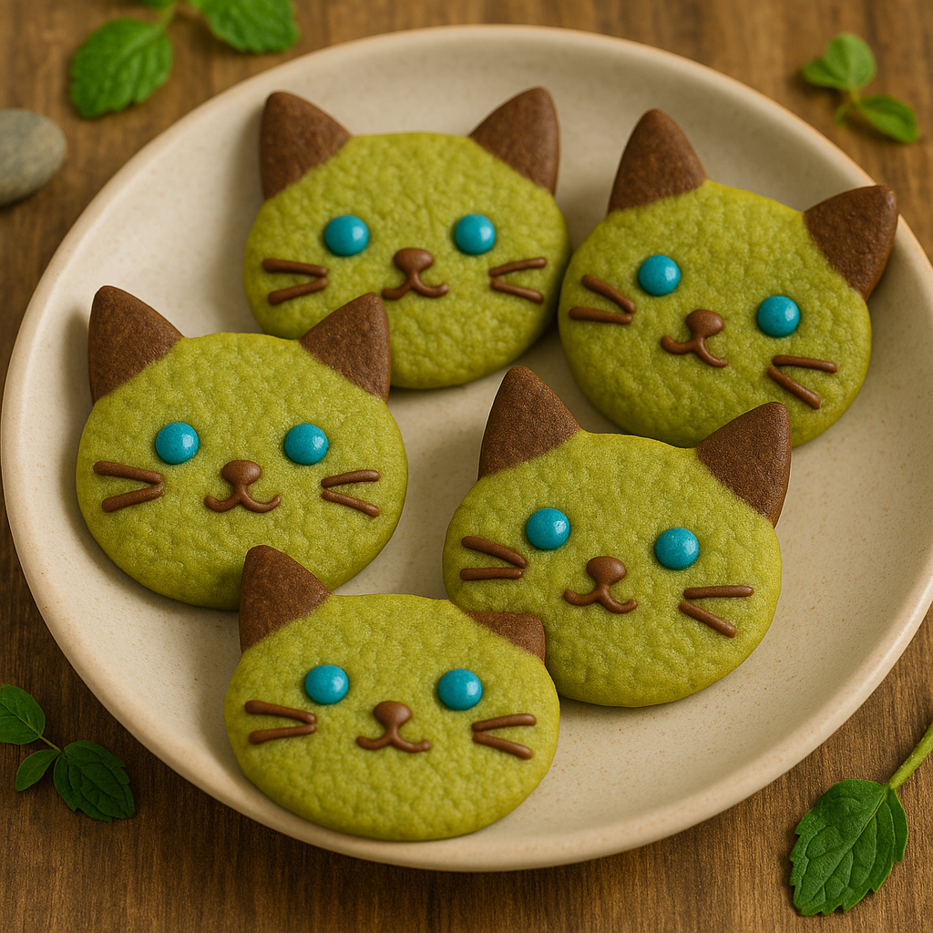“Siamese cat-shaped matcha cookies arranged on a beige plate, featuring forest-green dough, chocolate details, and bright blue eyes.”