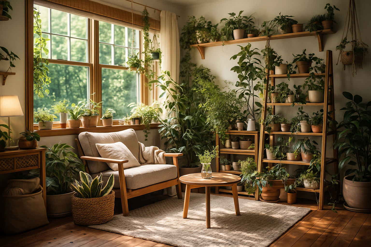 “A sunlit living room decorated with a variety of indoor plants in a cozy home-gardening style.”