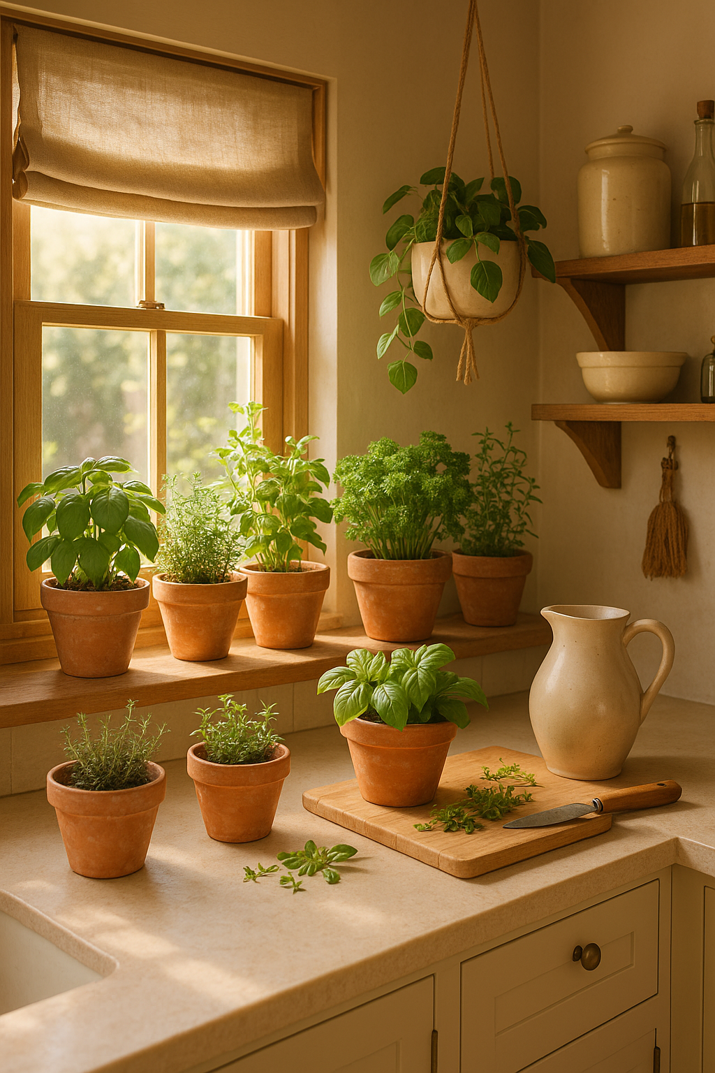 “A bright Scandinavian-style kitchen with fresh herbs arranged on a wooden countertop.”