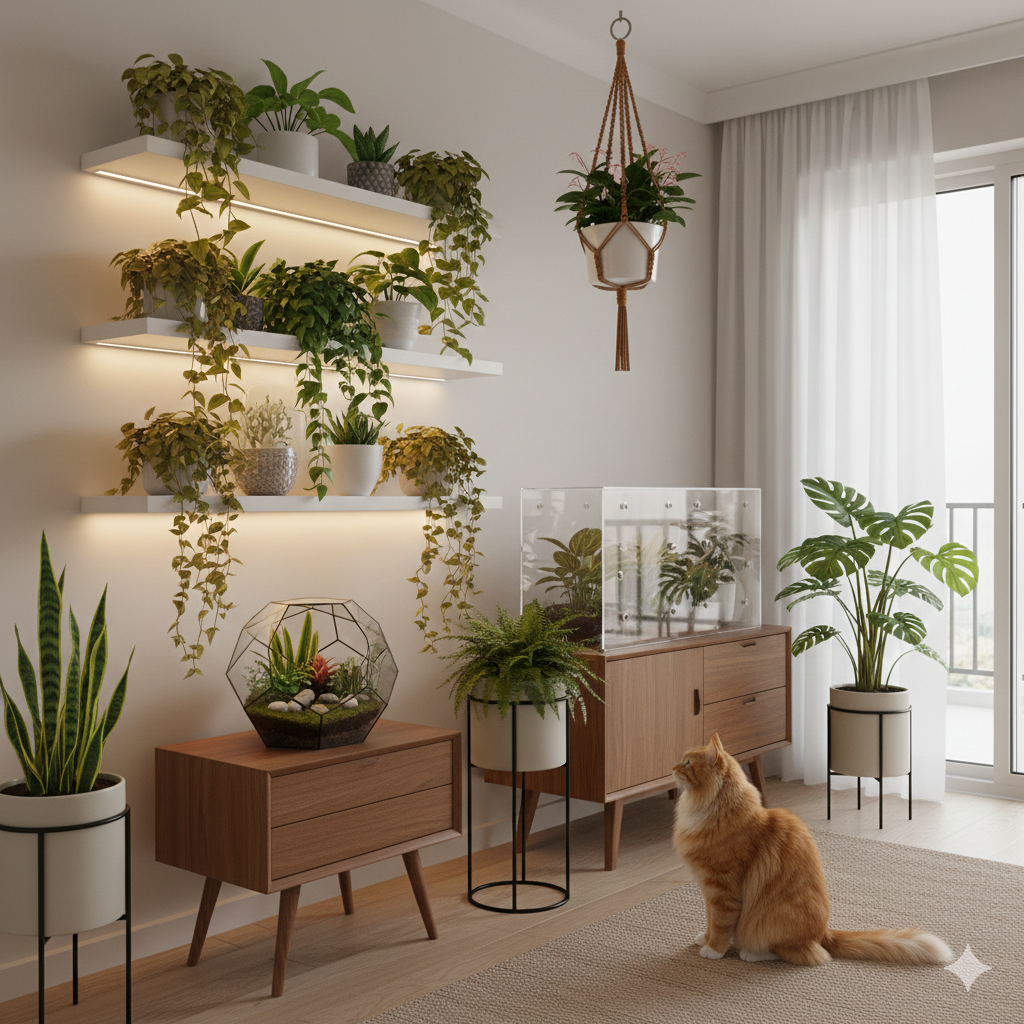 “High wall shelves filled with indoor plants in a Scandinavian-style living room, with a cat sitting on the floor looking up at the greenery.”