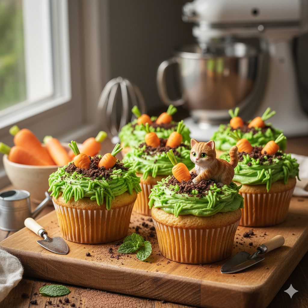 “Carrot garden cupcakes topped with green cream cheese frosting and miniature carrot decorations, arranged on a wooden tray with baking tools in the background.”